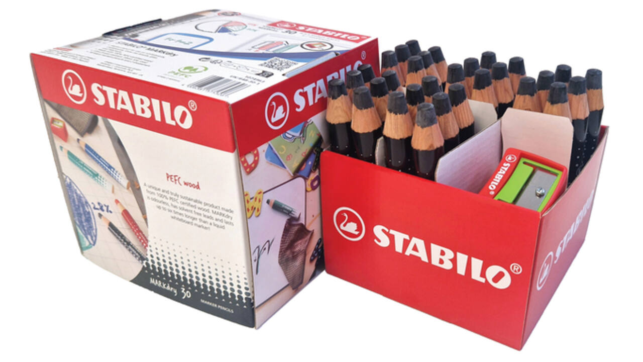 Whiteboardpotlood STABILO MARKdry incl 2 slijpers zwart classpack 30st