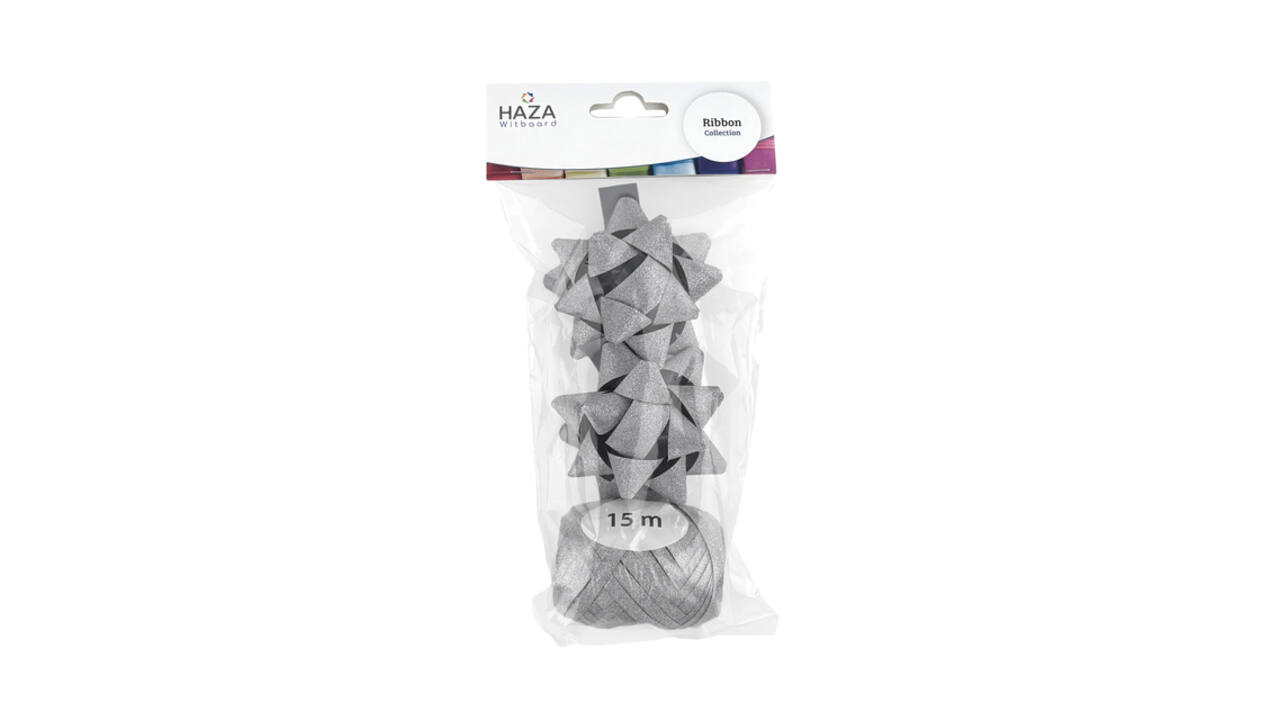 Cadeaulint Polyband en 2 rozetten zilver glitter