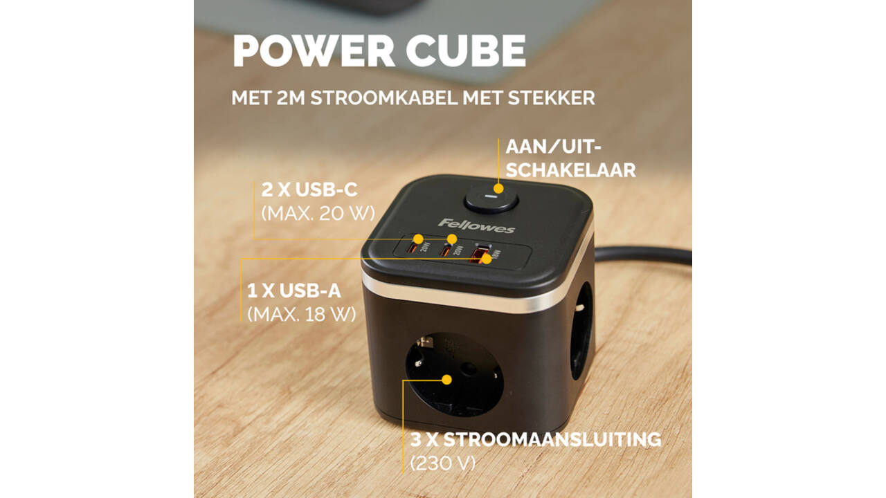Stekkerblok Fellowes Power Cube F 3vdg 1xUSB A 2xUSB C 2 meter zwart