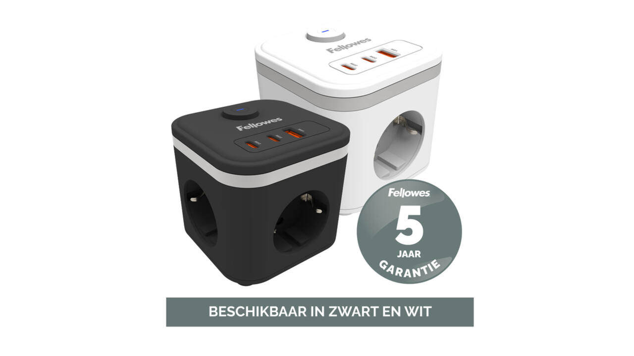 Stekkerblok Fellowes Power Cube F 3vdg 1xUSB A 2xUSB C 2 meter zwart