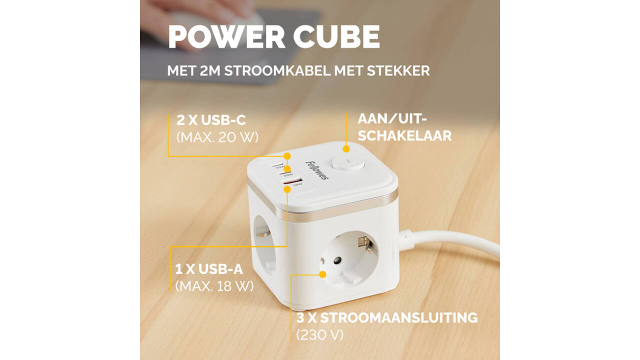 Stekkerblok Fellowes Power Cube F 3 voudig 1xUSB A 2xUSB C 2 meter wit