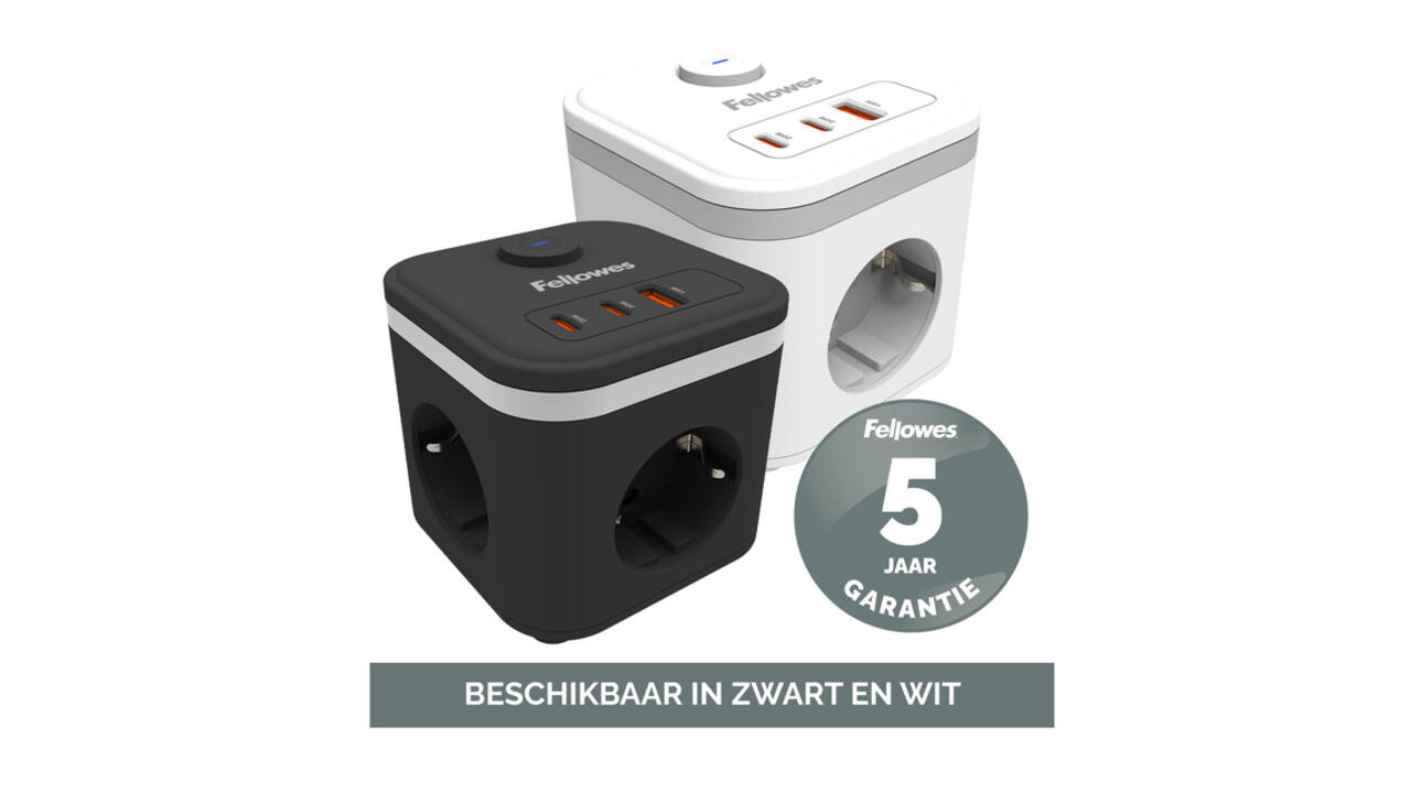 Stekkerblok Fellowes Power Cube F 3 voudig 1xUSB A 2xUSB C 2 meter wit