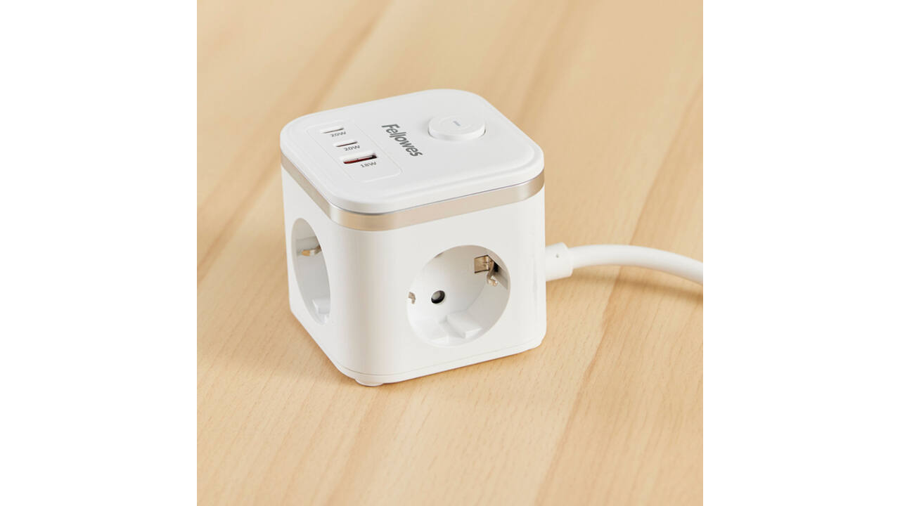 Stekkerblok Fellowes Power Cube F 3 voudig 1xUSB A 2xUSB C 2 meter wit