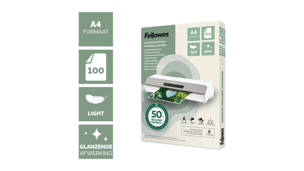 Lamineerhoes Fellowes A4 light 50% gerecycled glans 100stuks