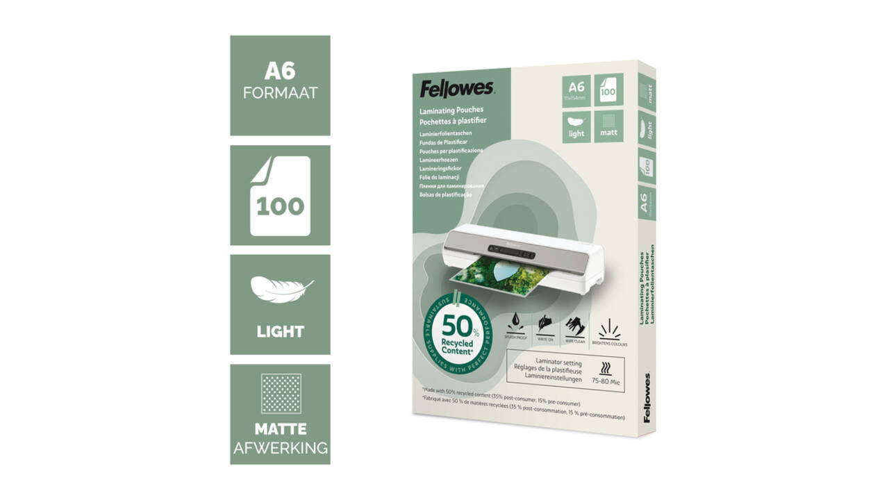 Lamineerhoes Fellowes A6 light 50% gerecycled mat 100stuks