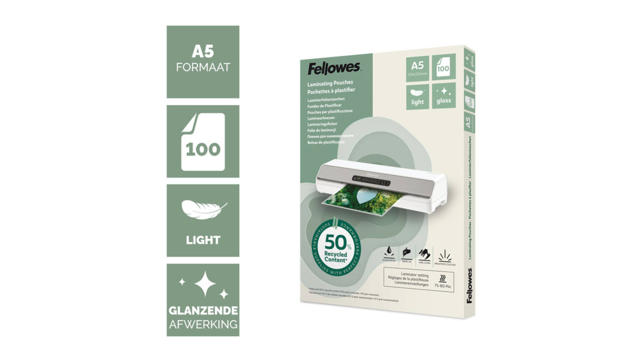 Lamineerhoes Fellowes A5 light 50% gerecycled glans 100stuks