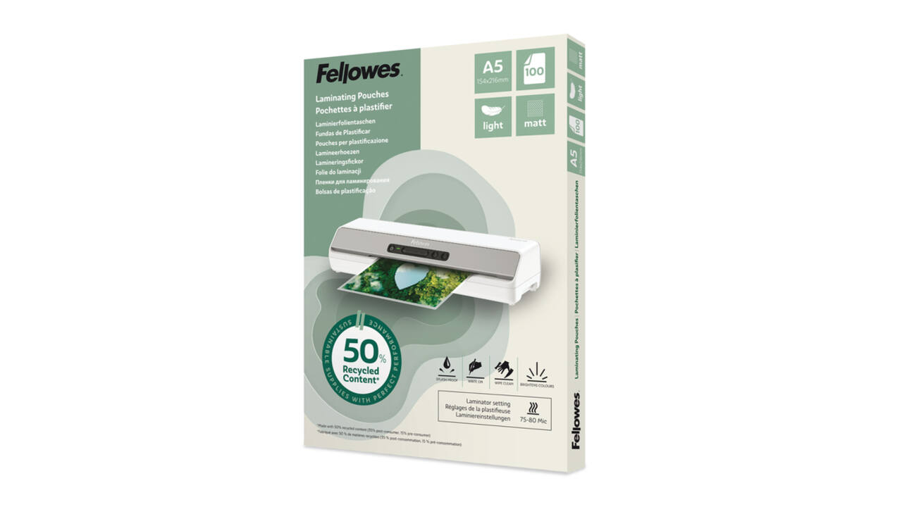 Lamineerhoes Fellowes A5 light 50% gerecycled mat 100stuks