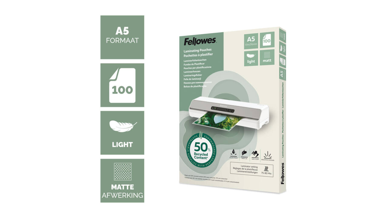 Lamineerhoes Fellowes A5 light 50% gerecycled mat 100stuks