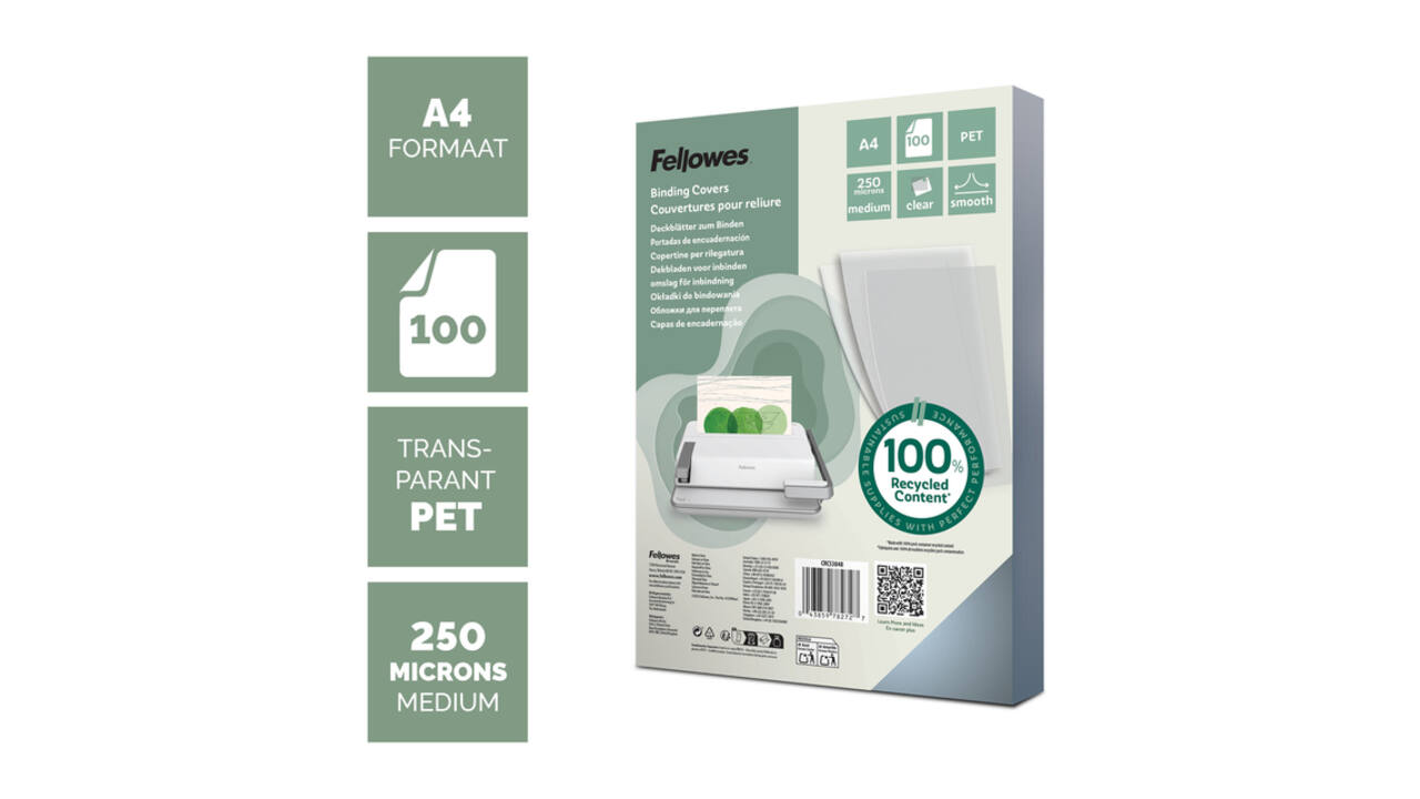 Voorblad Fellowes A4 PET 250micron recycled 100 stuks