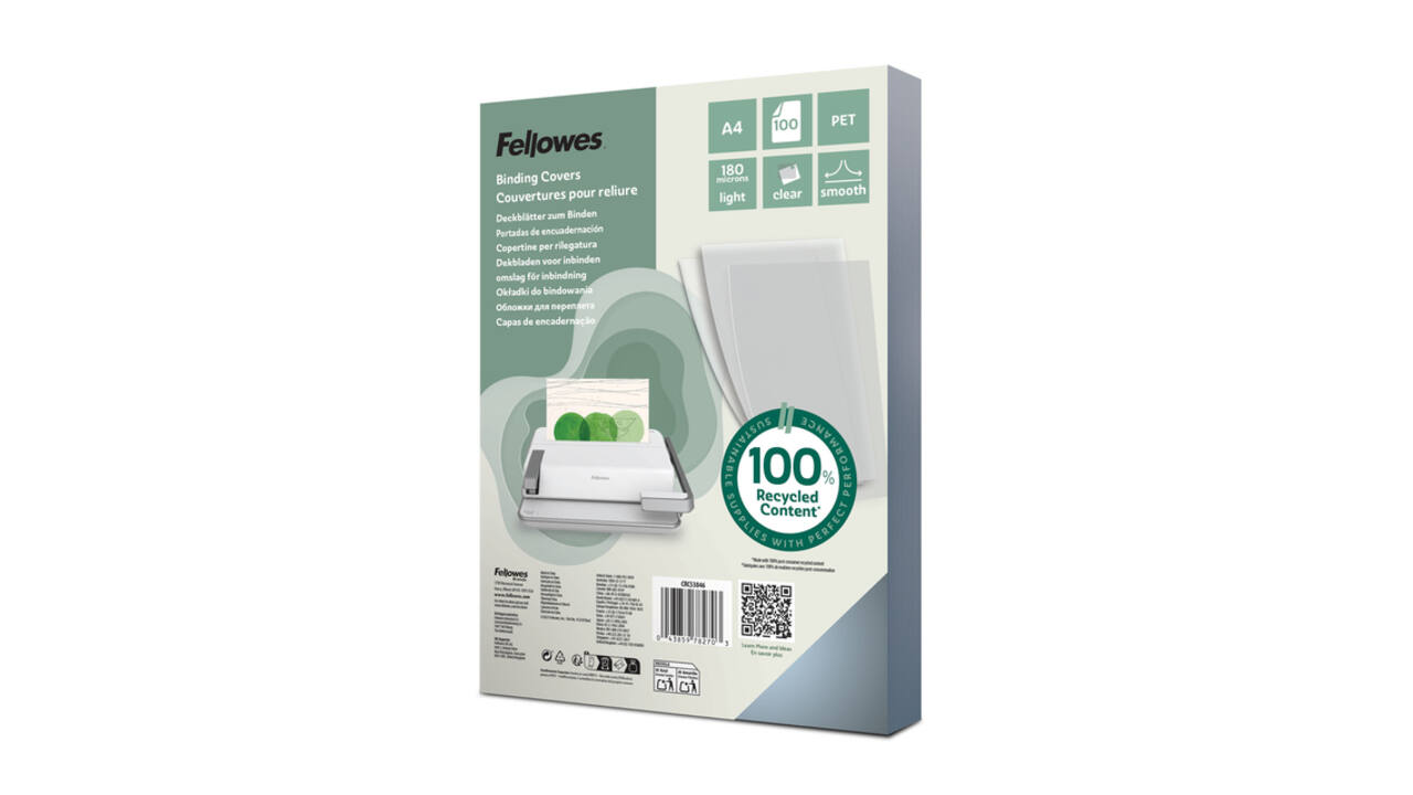 Voorblad Fellowes A4 PET 180micron recycled 100 stuks