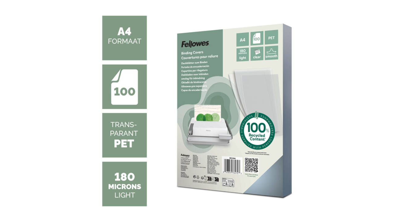Voorblad Fellowes A4 PET 180micron recycled 100 stuks