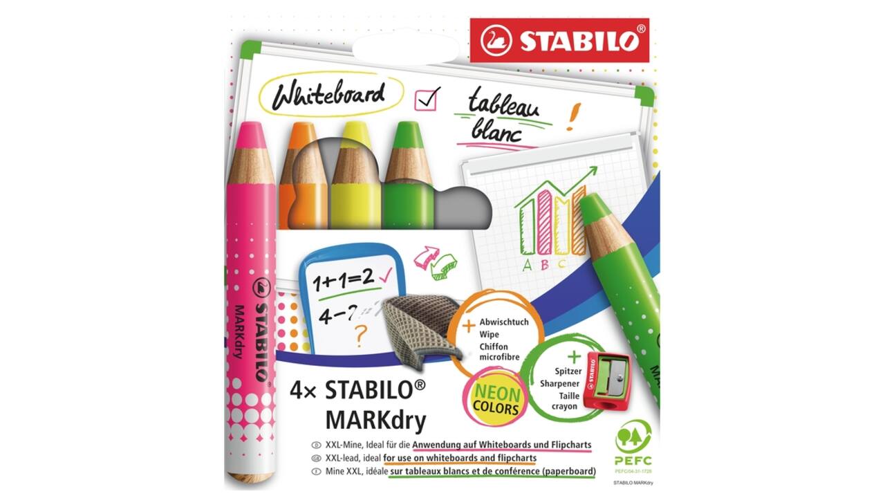 Whiteboardpotlood STABILO MARKdry etui à 4 neon kleuren