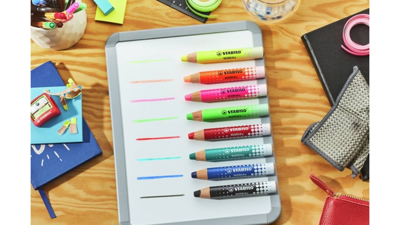 Whiteboardpotlood STABILO MARKdry etui à 4 neon kleuren