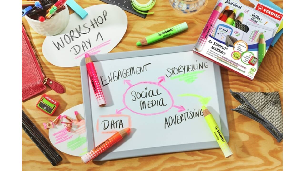 Whiteboardpotlood STABILO MARKdry etui à 4 neon kleuren