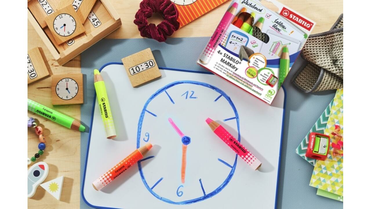 Whiteboardpotlood STABILO MARKdry etui à 4 neon kleuren