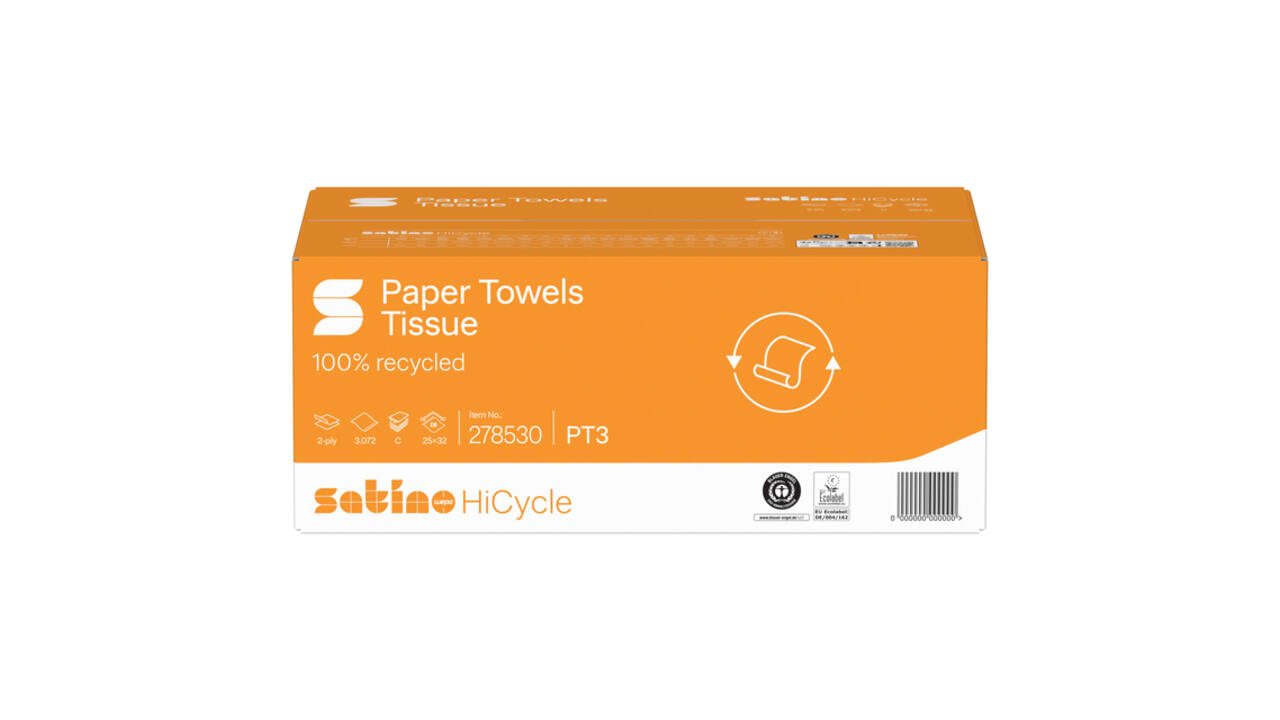 Handdoek Satino PT3 HiCycle c-vouw 2-laags 250x320mm 24x128 vel wit 278530