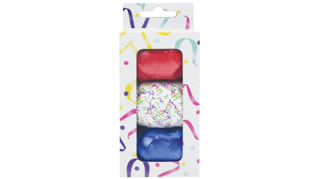 Krullint set à 3 kleuren rood, blauw en wit met happy birthday