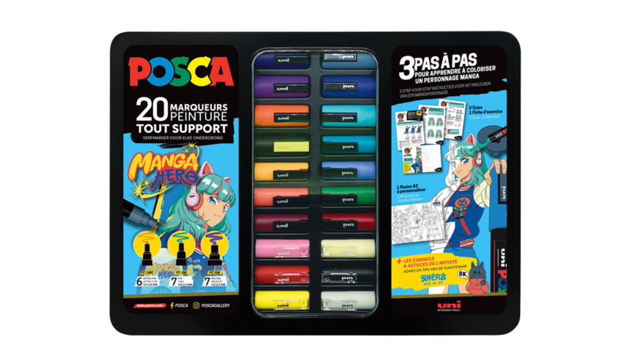 Paintmarker Uni POSCA Manga Hero assorti metalen koffer à 20 stuks