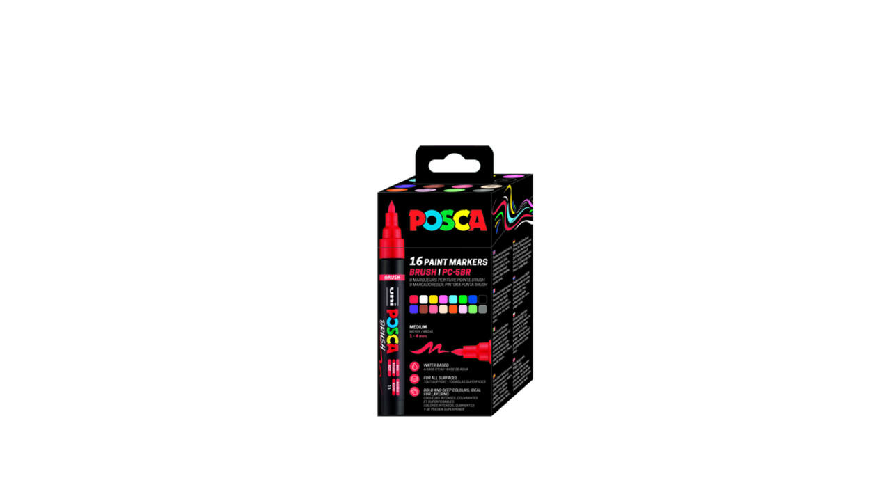 Paintmarker Uni POSCA PC-5BR brushpunt medium set à 16 kleuren