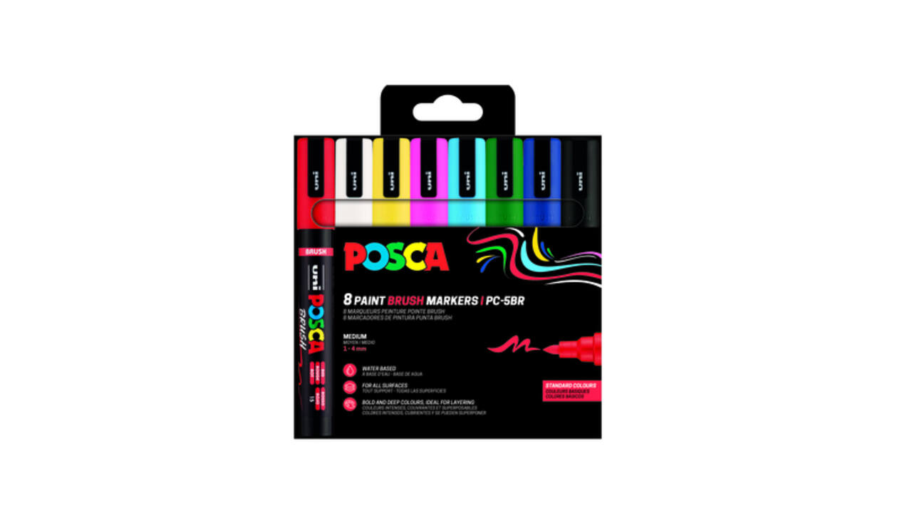 Paintmarker Uni POSCA PC-5BR brushpunt medium set à 8 kleuren