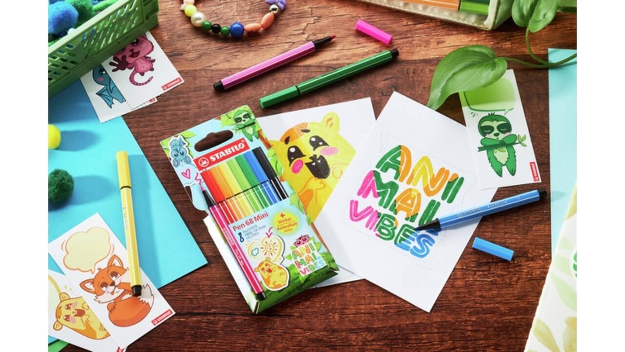 Viltstift STABILO Pen 68 Animal Vibes mini medium assorti 8 stuks