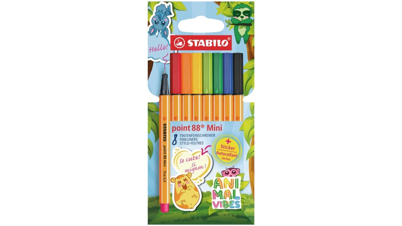 Fineliner STABILO point 88 Animal Vibes mini fijn assorti 8 stuks