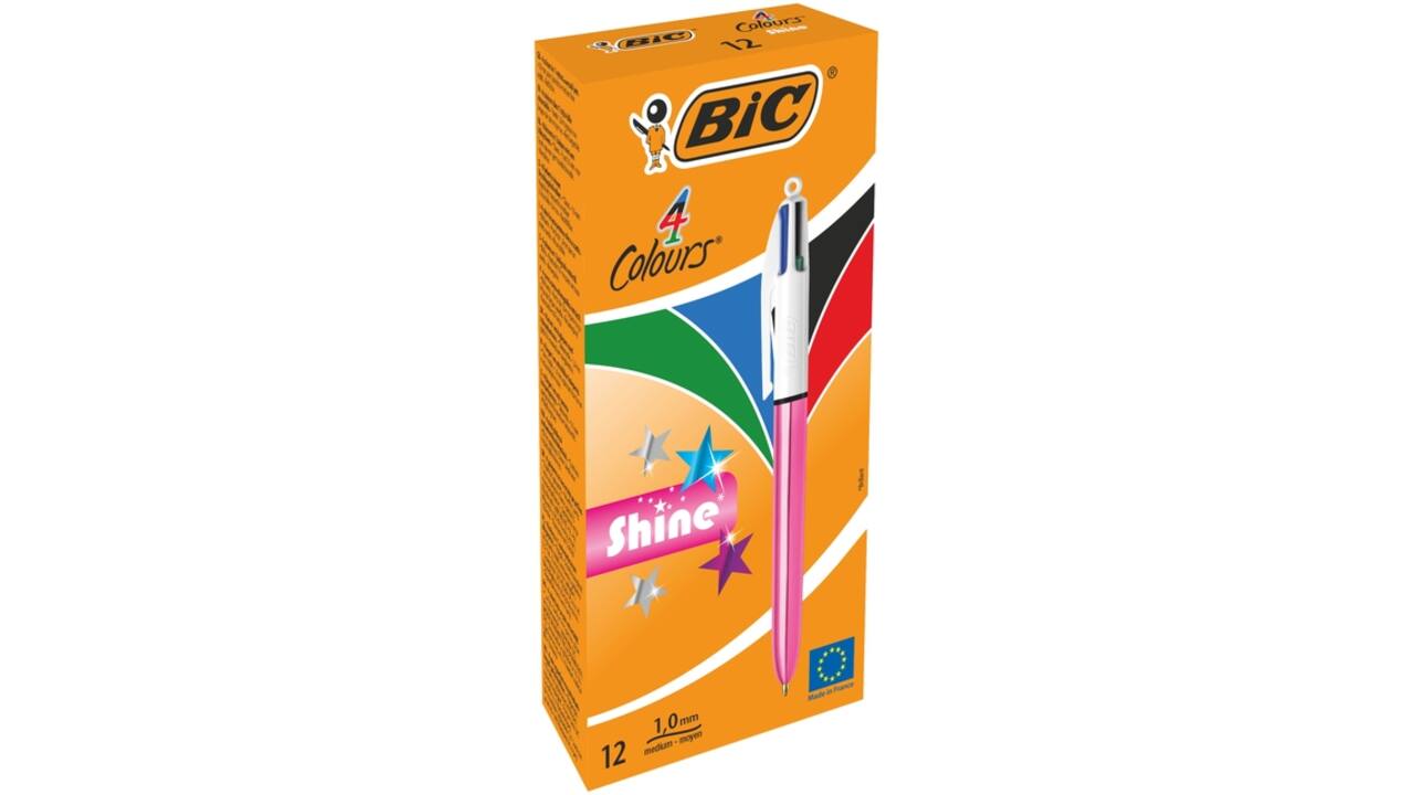 4-Kleuren balpen Bic Shine medium roze à 12 stuks