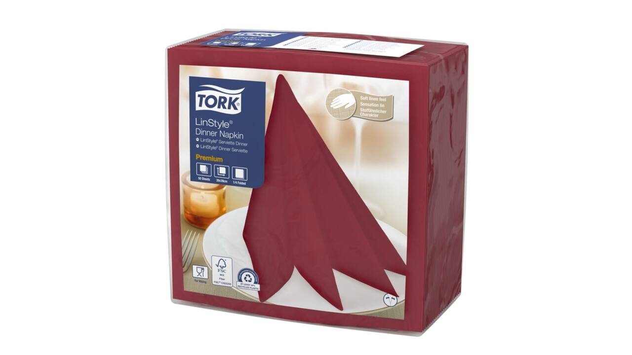 Dinerservet Tork Linstyle Premium 1/4 vouw 1-laags 390x390mm 50 vel bordeaux 478885