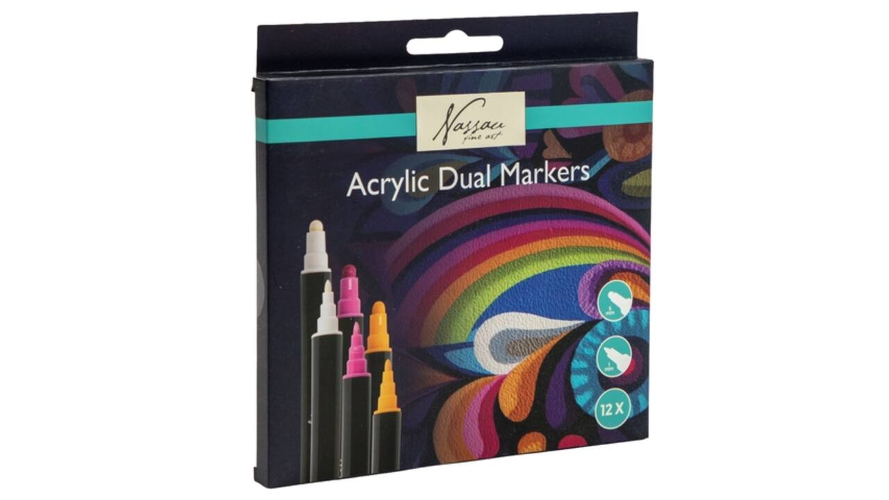 Acrylmarker Nassau Dual tip set à 12 kleuren