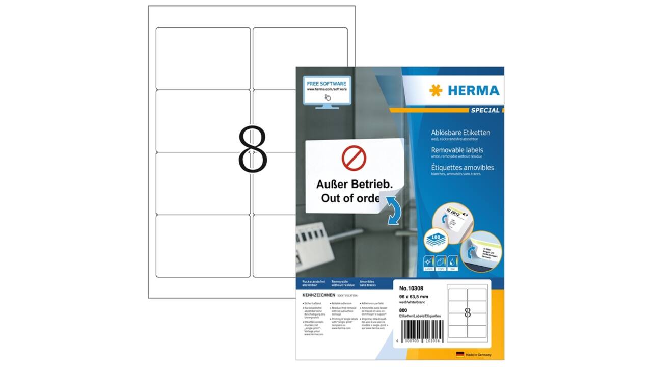 Etiket HERMA 10308 96x63.5mm verwijderbaar wit 800 stuks