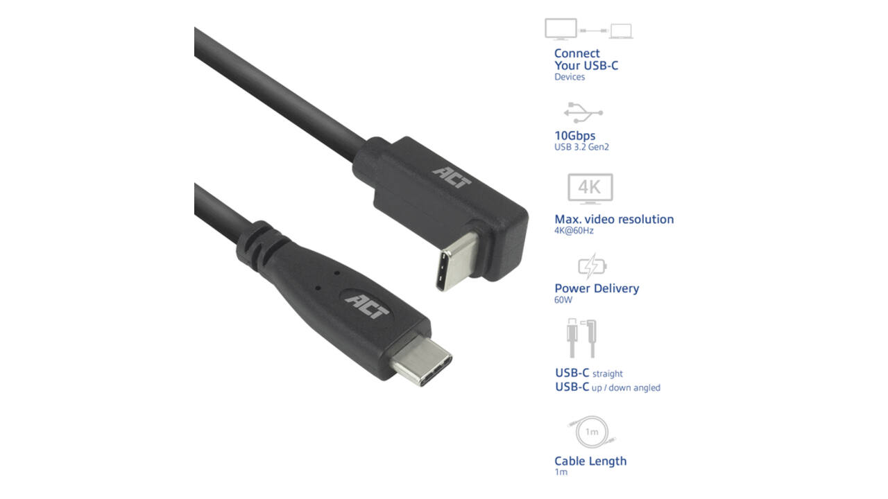 Kabel ACT USB-C standaard naar USB-C hoek boven/beneden 10Gbps 1m