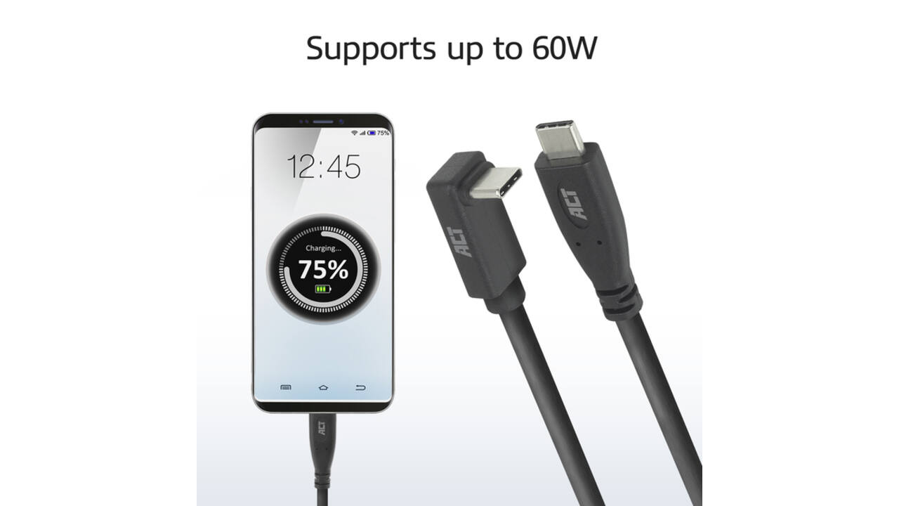 Kabel ACT USB-C standaard naar USB-C hoek boven/beneden 10Gbps 1m