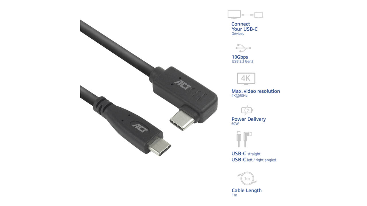 Kabel ACT USB-C standaard naar USB-C hoek 10Gbps 1m