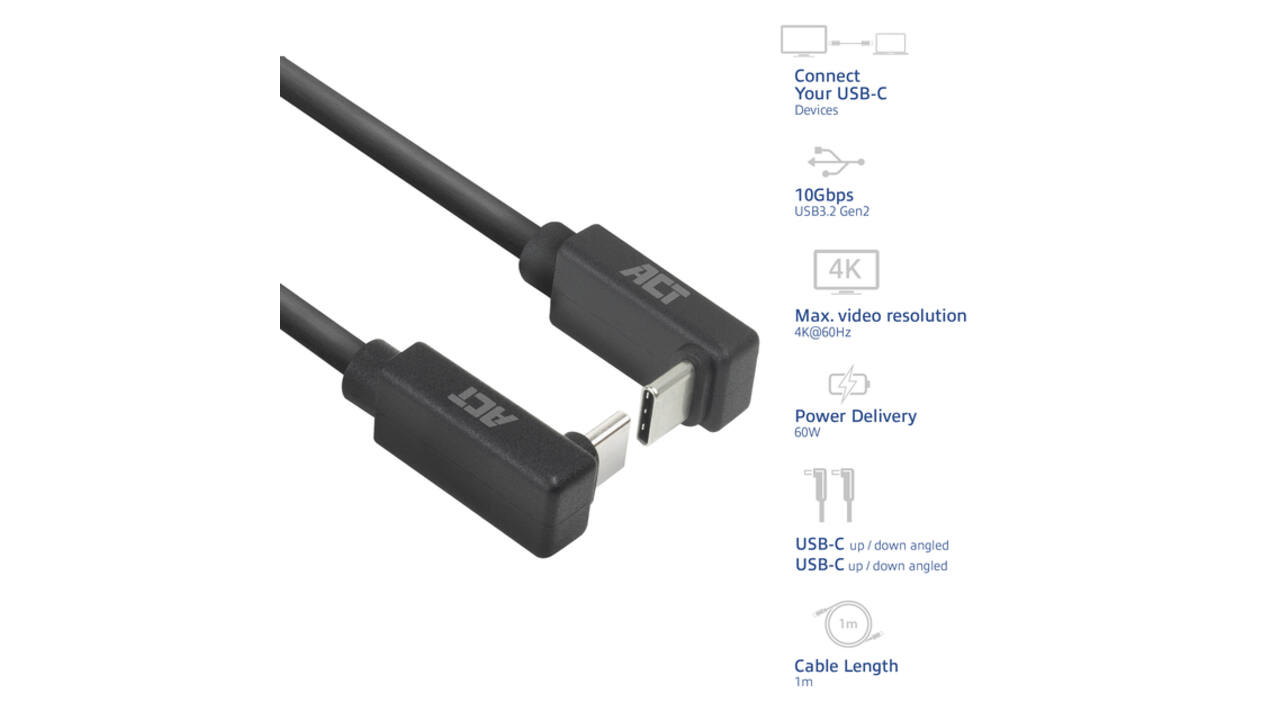 Kabel ACT USB-C hoek boven/beneden 10Gbps 1m