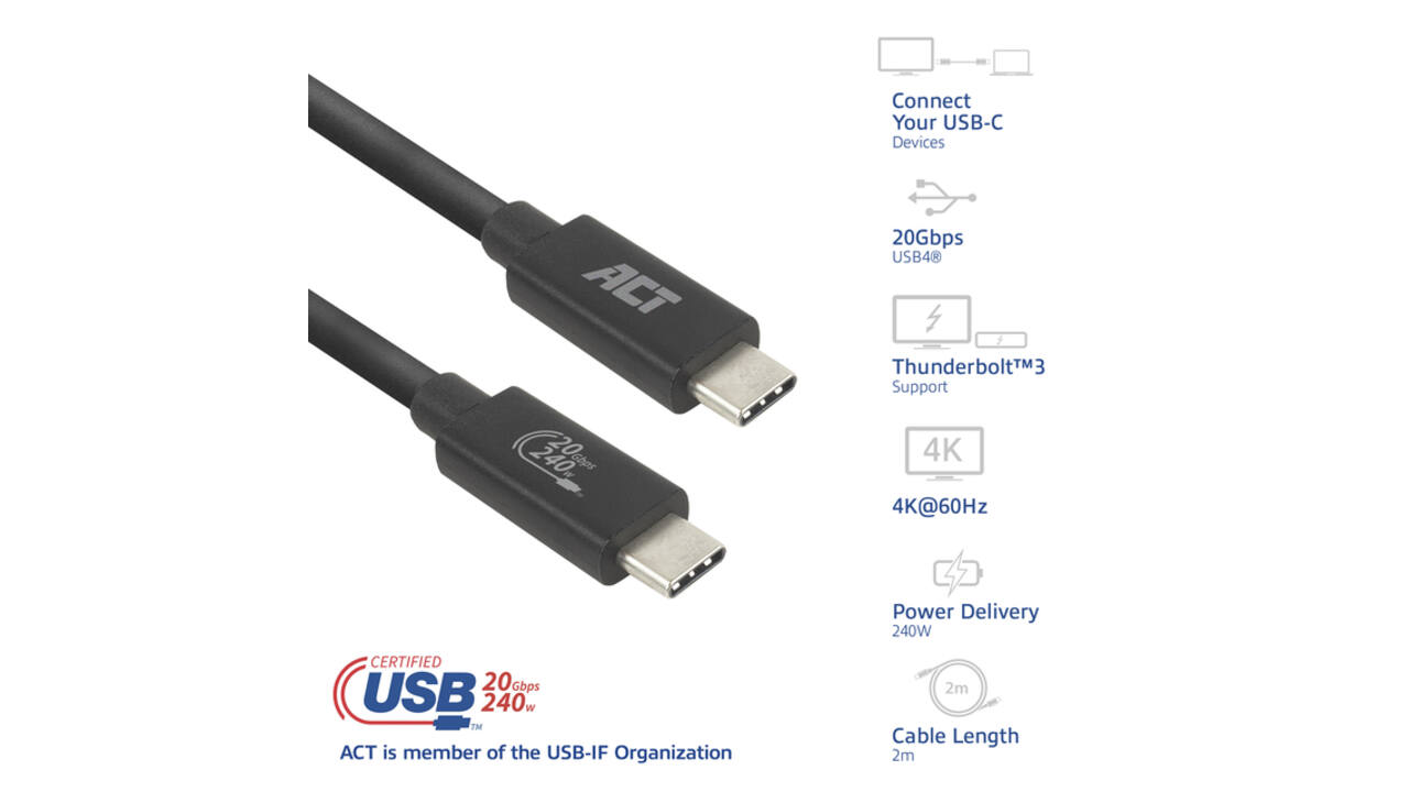 Kabel ACT USB-C 4.0 20Gbps Thunderbolt 3 2m