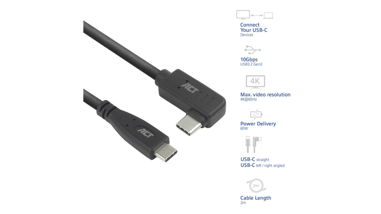 Kabel ACT USB-C standaard naar USB-C hoek 10Gbps 2m