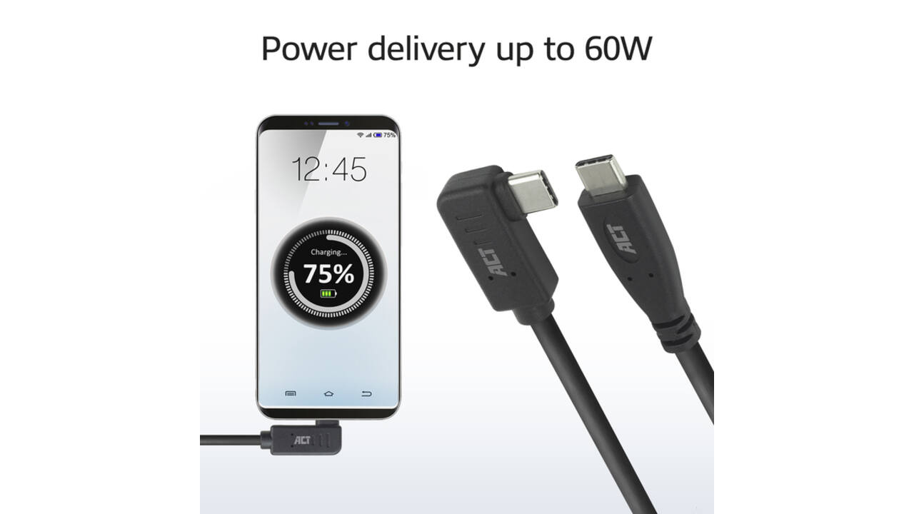 Kabel ACT USB-C standaard naar USB-C hoek 10Gbps 2m