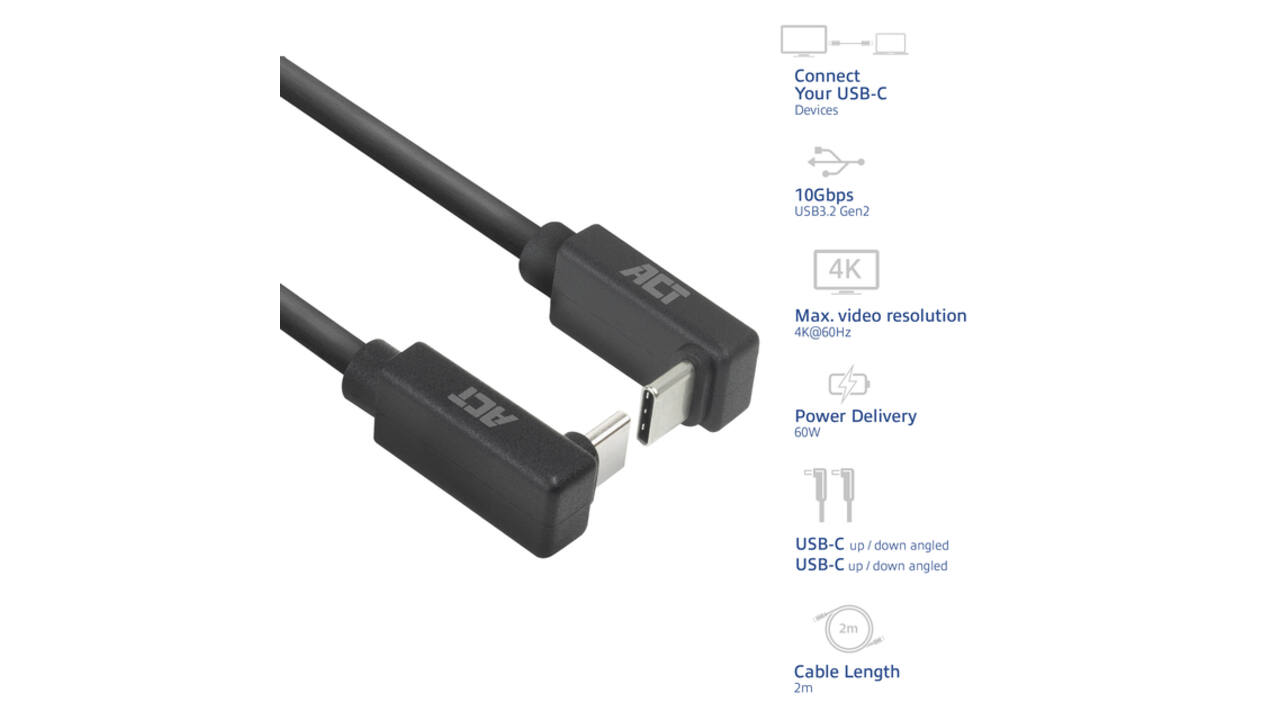 Kabel ACT USB-C hoek boven/beneden 10Gbps 2m