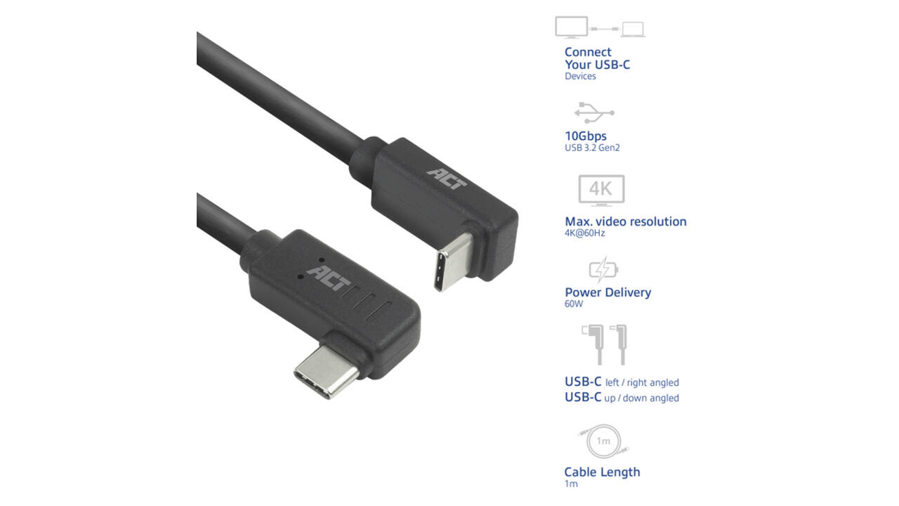Kabel ACT USB-C hoek links/rechts USB-C hoek boven/beneden 10Gbps 1m