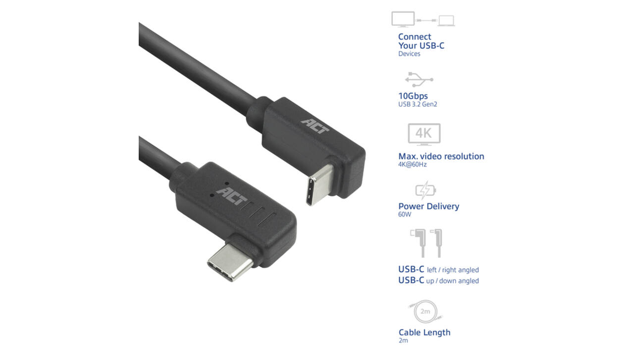 Kabel ACT USB-C hoek links/rechts USB-C hoek boven/beneden 10Gbps 2m
