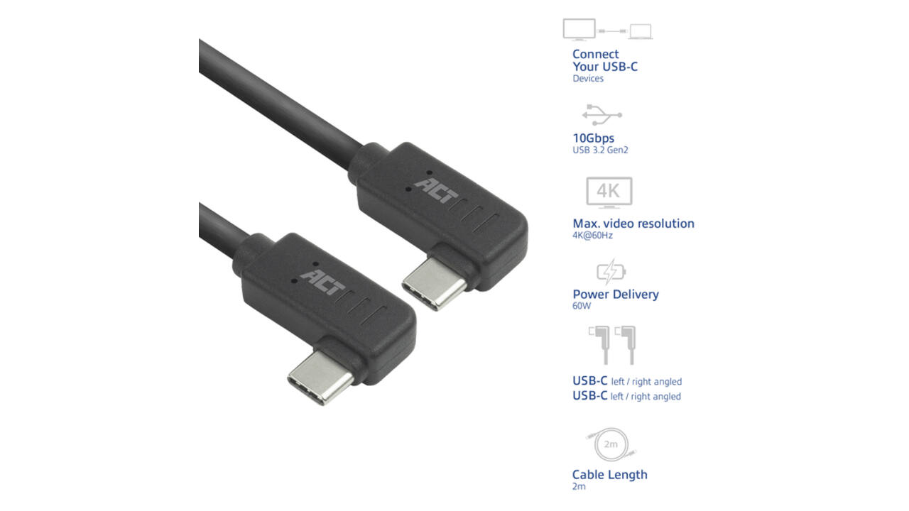 Kabel ACT USB-C hoek links/rechts 10Gbps 2m