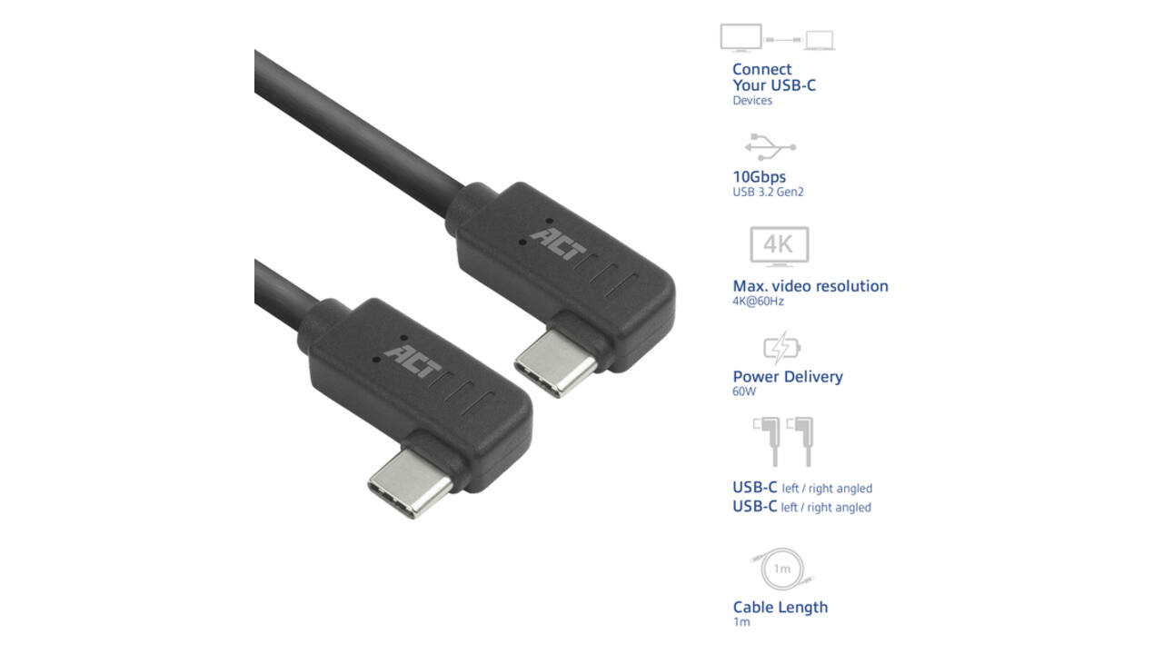 Kabel ACT USB-C hoek links/rechts 10Gbps 1m
