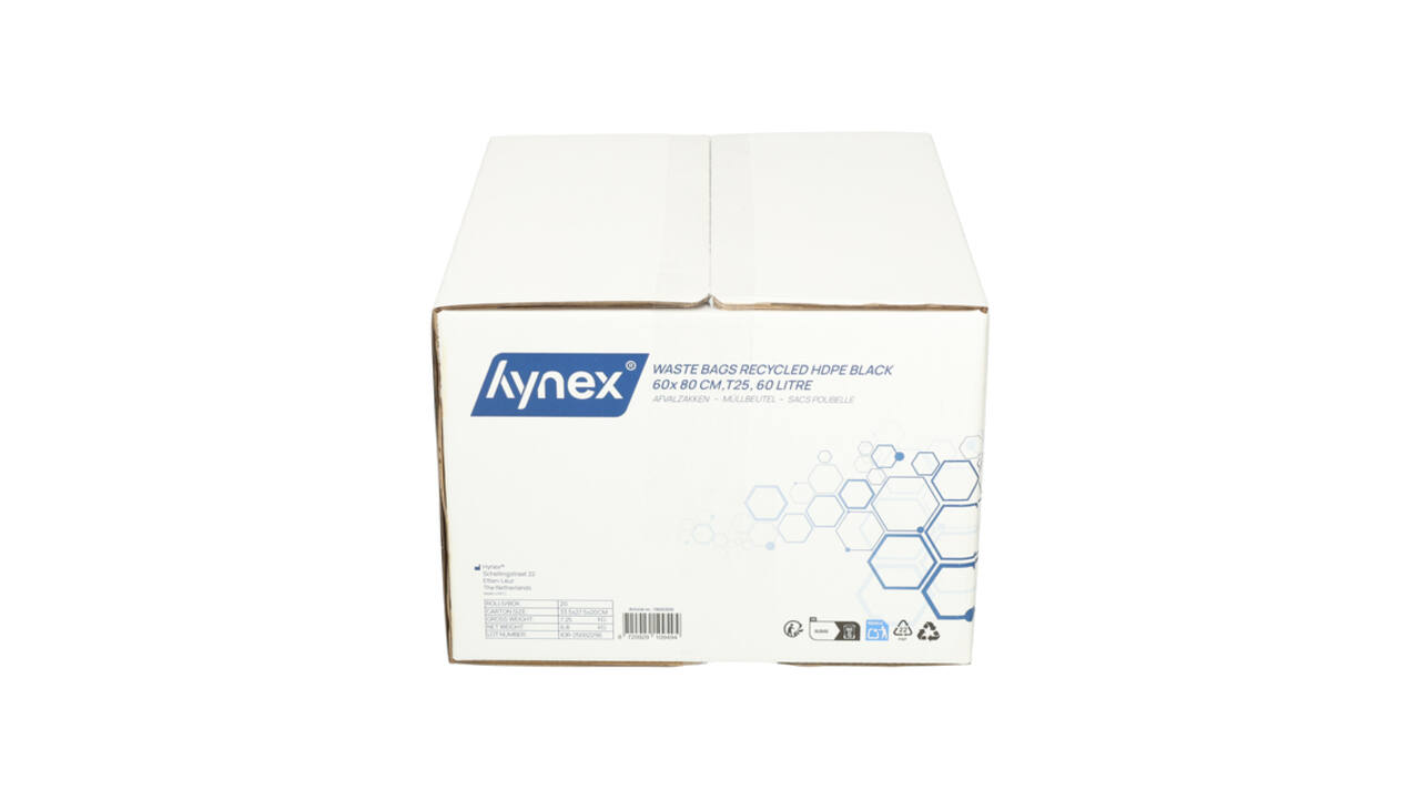 Afvalzak Hynex 60x80cm HDPE recycled T25 60L zwart rol à 25 stuks