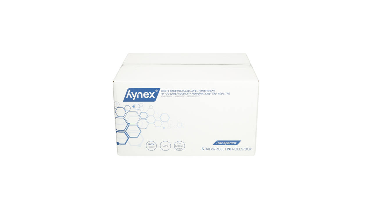 Afvalzak Hynex 70/15x200cm LDPE recycled T80 400L transparant ponsgaten rol à 5 stuks