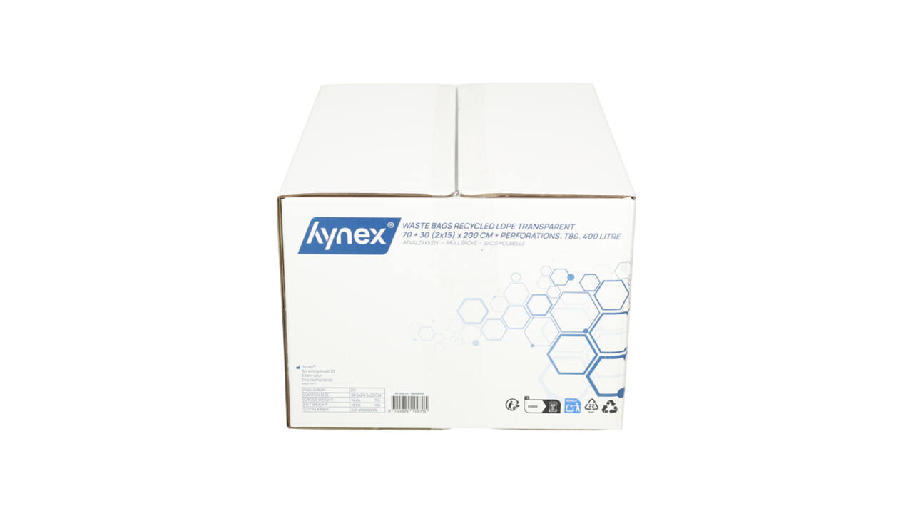 Afvalzak Hynex 70/15x200cm LDPE recycled T80 400L transparant ponsgaten rol à 5 stuks