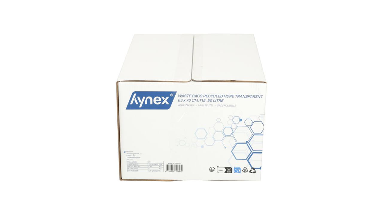 Afvalzak Hynex 63x70cm HDPE recycled T15 50L transparant rol à 50 stuks