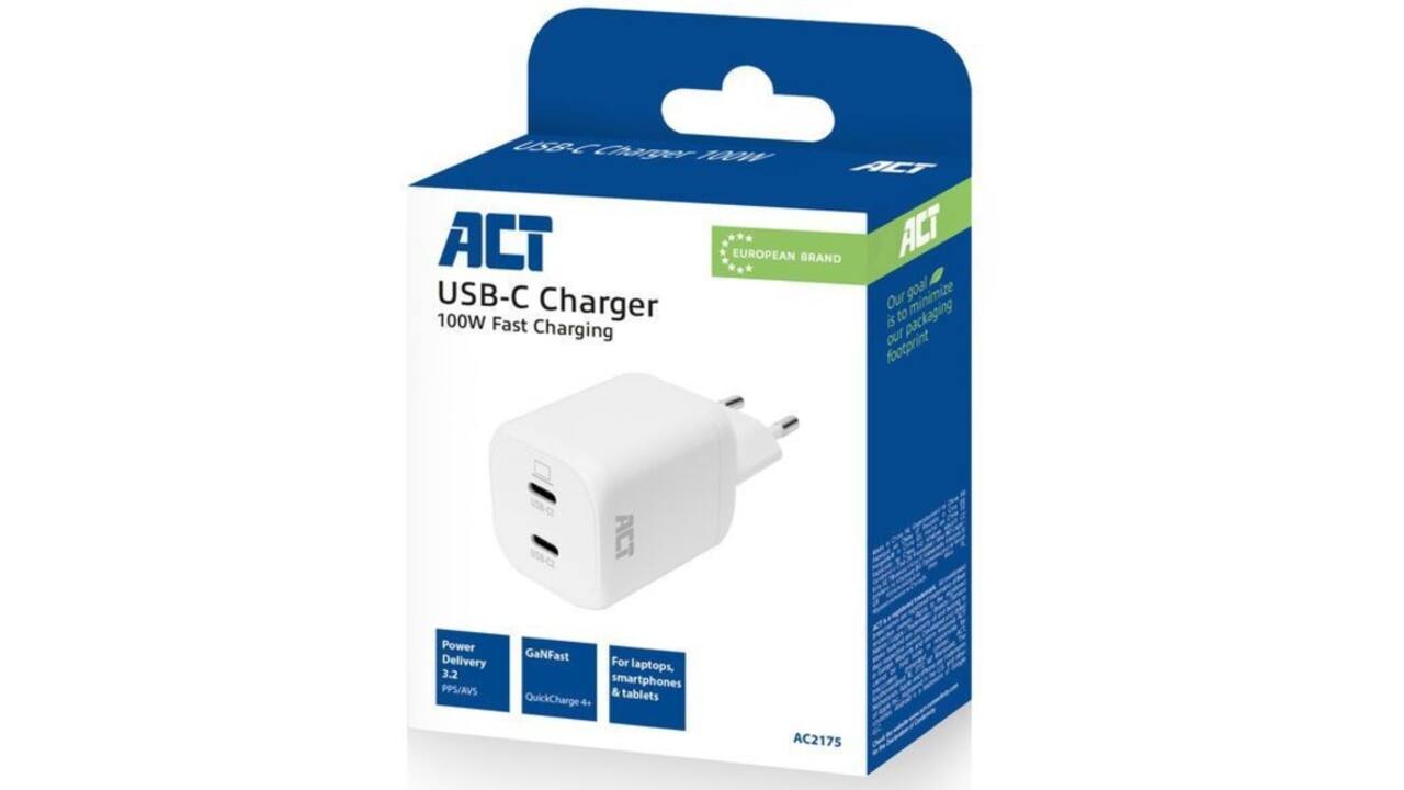 Oplader ACT USB-C 100W 2-poorts PD, PPS, AVS, QC, Ganfast