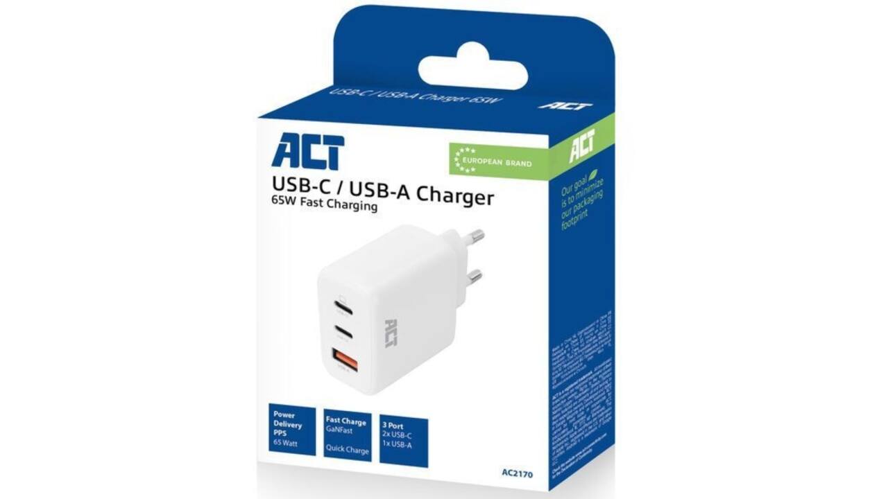 Oplader ACT 65W 3-poorts USB-C USB-A PD QC Ganfast