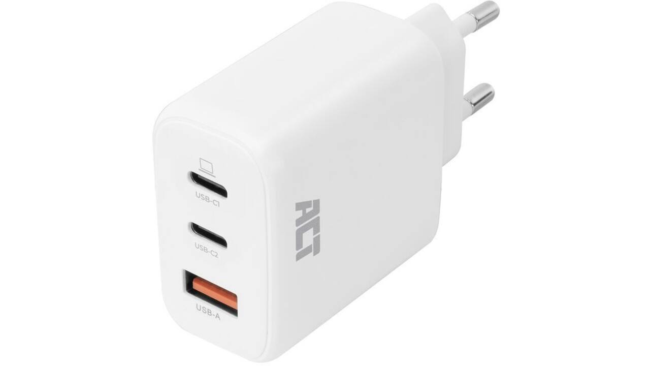 Oplader ACT 65W 3-poorts USB-C USB-A PD QC Ganfast