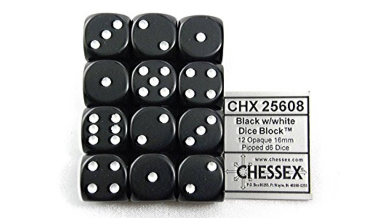 Dobbelsteen Chessex Black/white D6 16mm set à 12 stuks